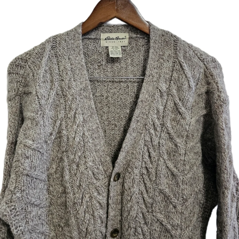 Eddie Bauer cable knit Wool Grey button cardigan size large - Picture 4 of 12